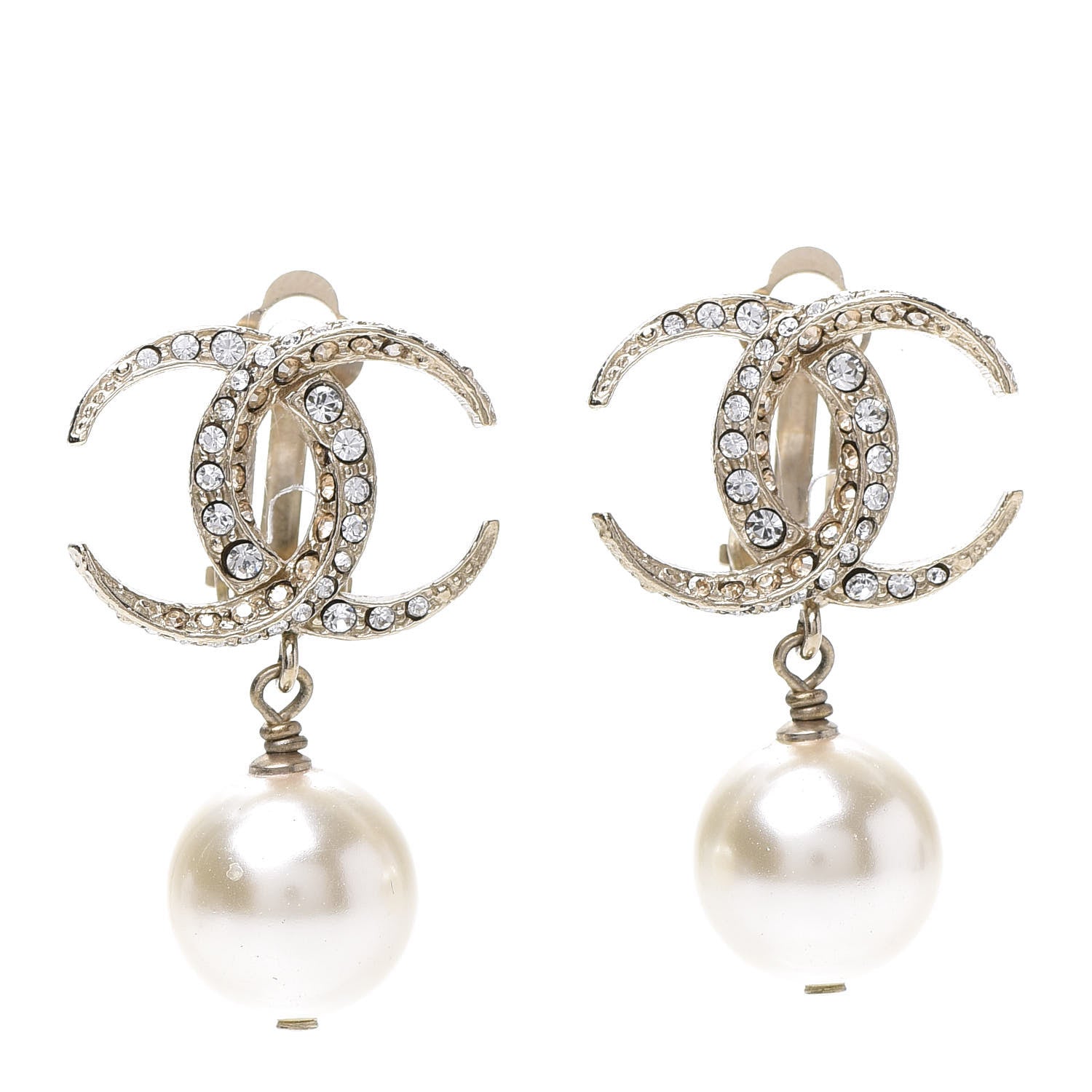 Chanel Crystal Pearl CC Moon Drop Clip On Earrings Gold 1 of 3