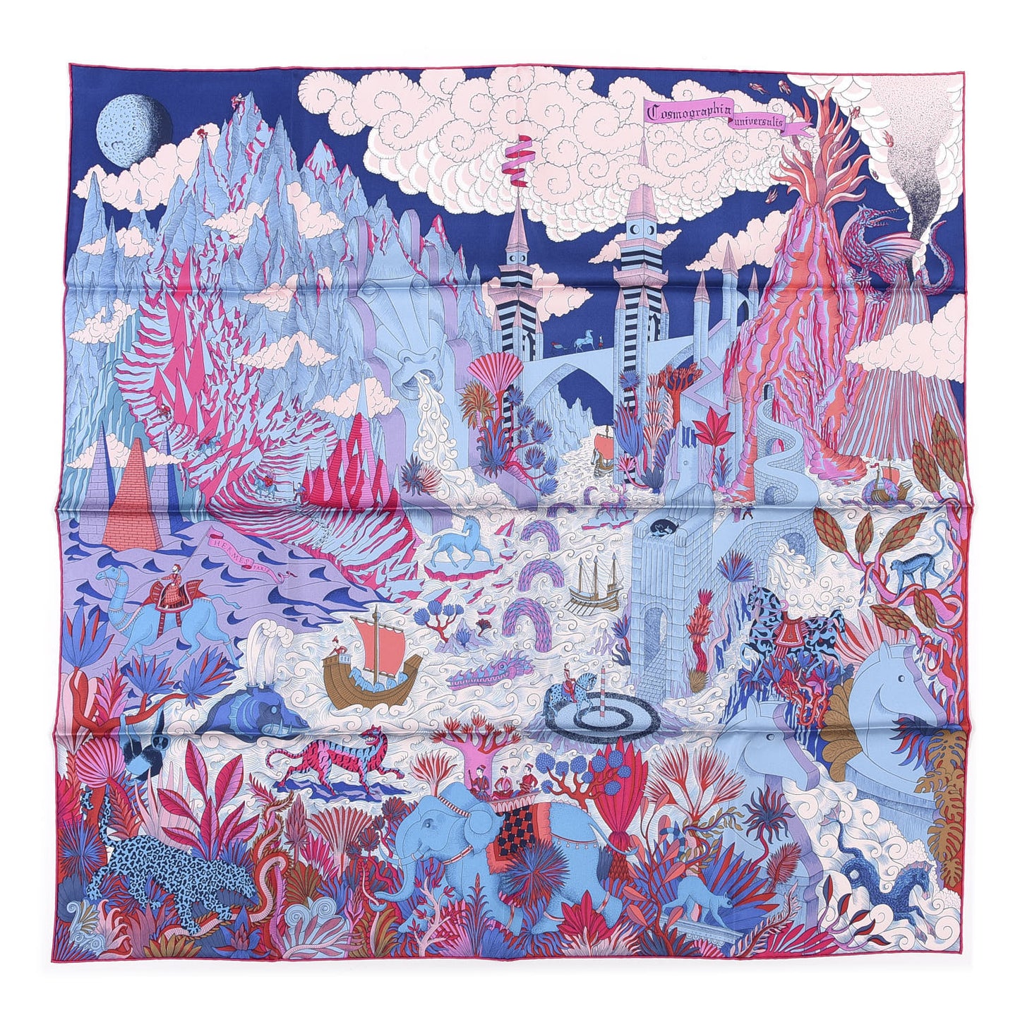 Silk Cosmographia Universalis Scarf 90 Bleu Jean Rose Vif