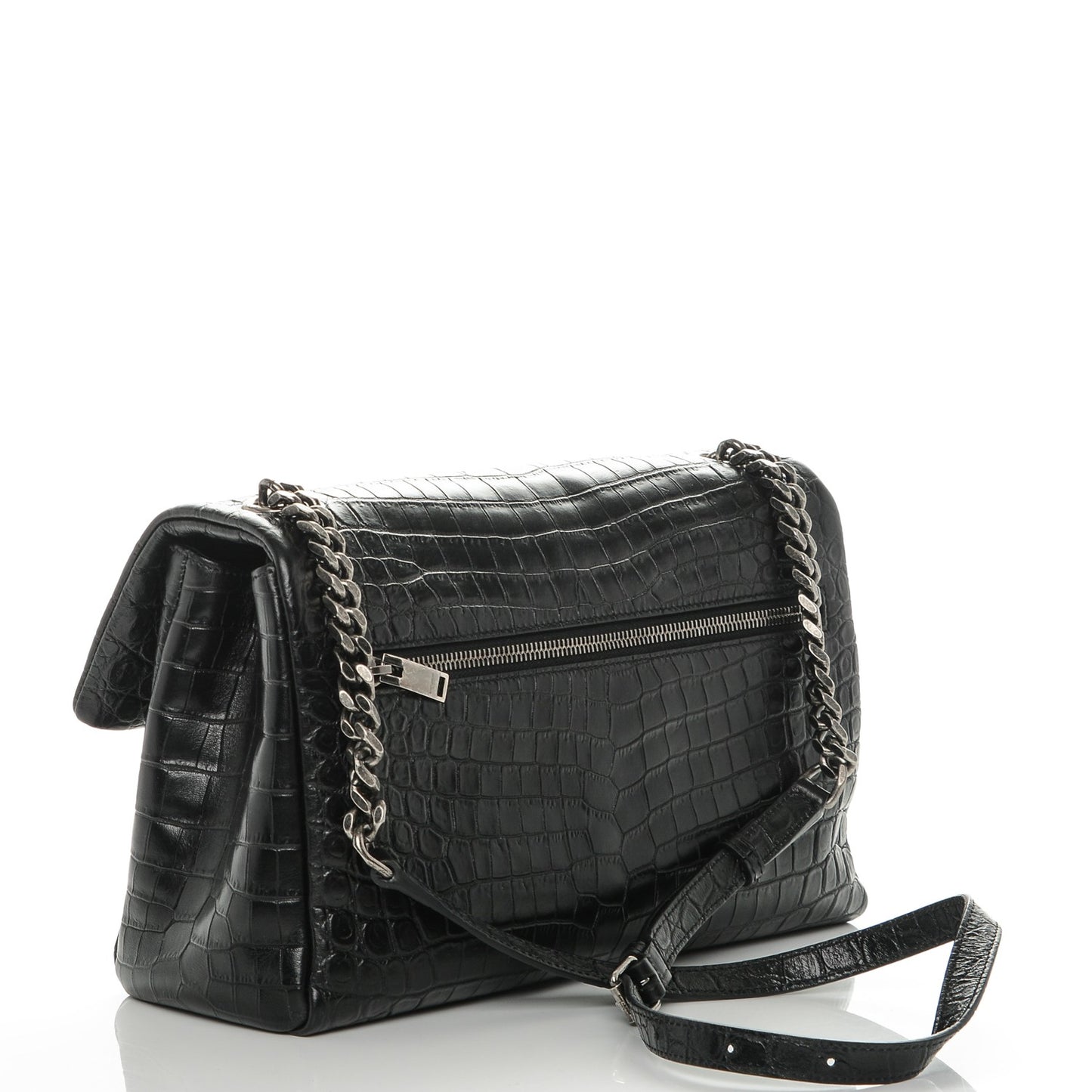 Calfskin Crocodile Embossed Medium West Hollywood Monogram Fold-Over Black