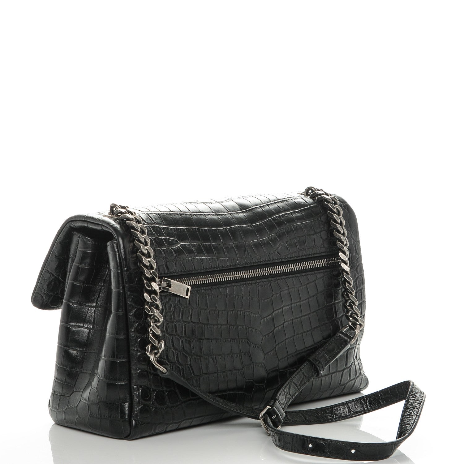 Saint Laurent Calfskin Crocodile Embossed Medium West Hollywood Monogram Fold-Over Black 3 of 6