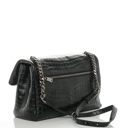 Saint Laurent Calfskin Crocodile Embossed Medium West Hollywood Monogram Fold-Over Black 3 of 6