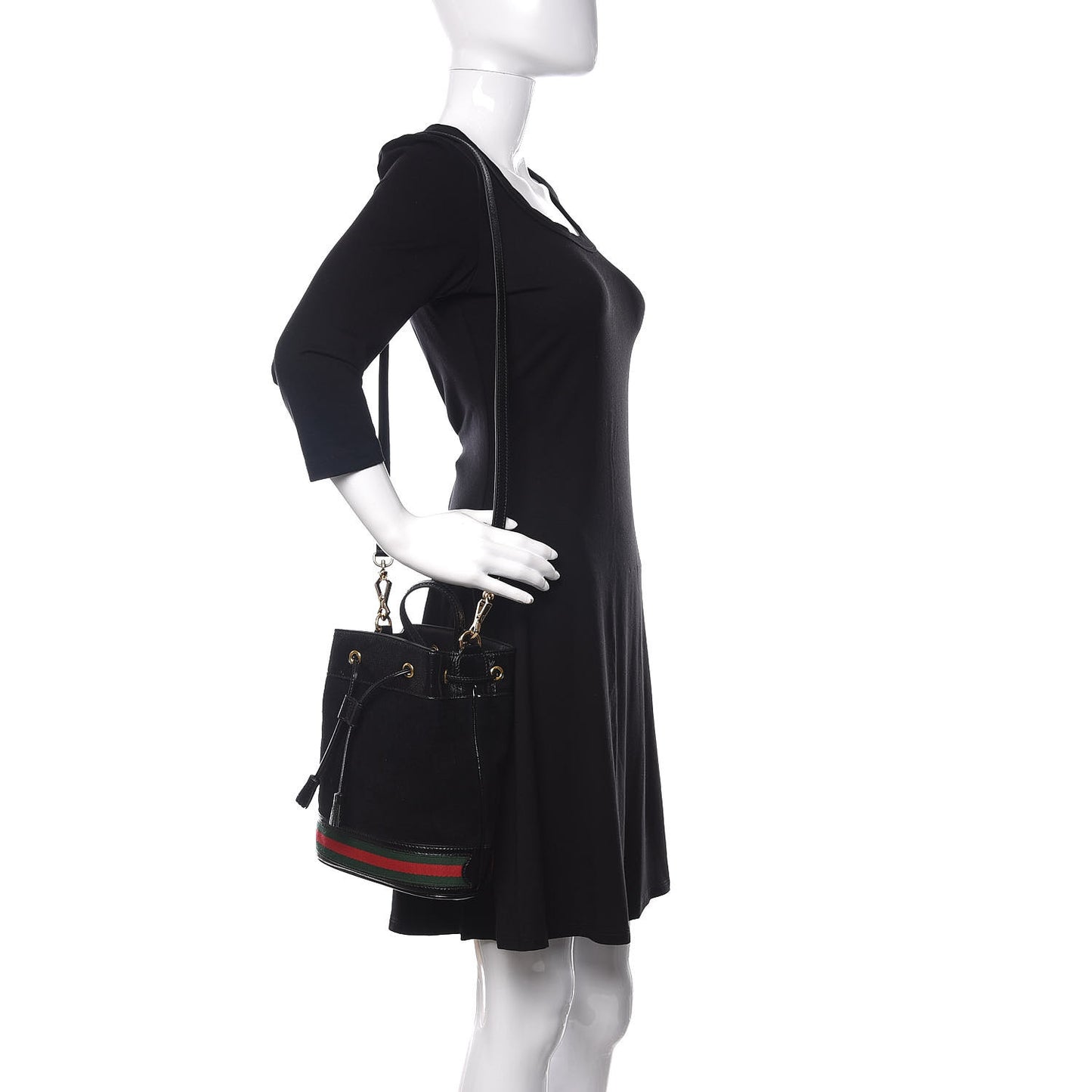 Suede Patent Web Small Ophidia Bucket Bag Black
