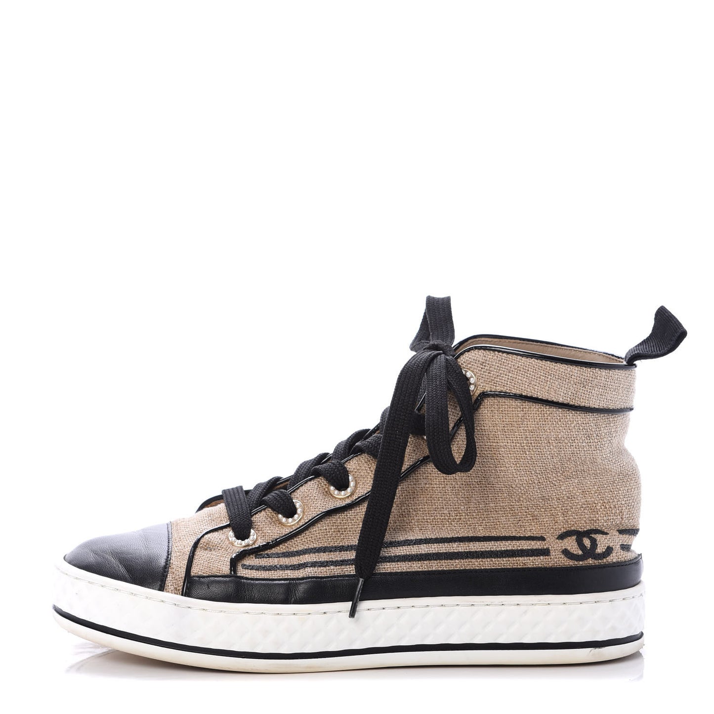 Fabric Lambskin Lace Up Cap Toe Sneakers 36 Beige Black