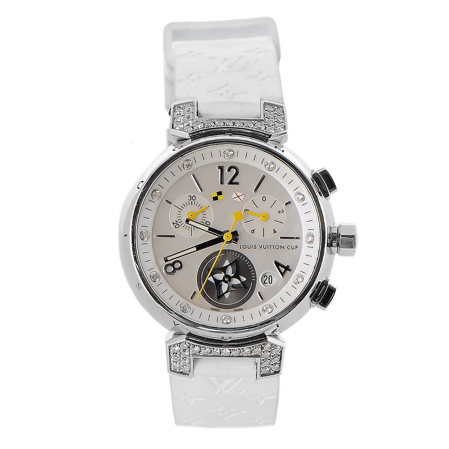 Louis Vuitton Stainless Steel Rubber Diamond Mother of Pearl 34mm Tambour Lovely Cup Quartz Watch 1 of 12
