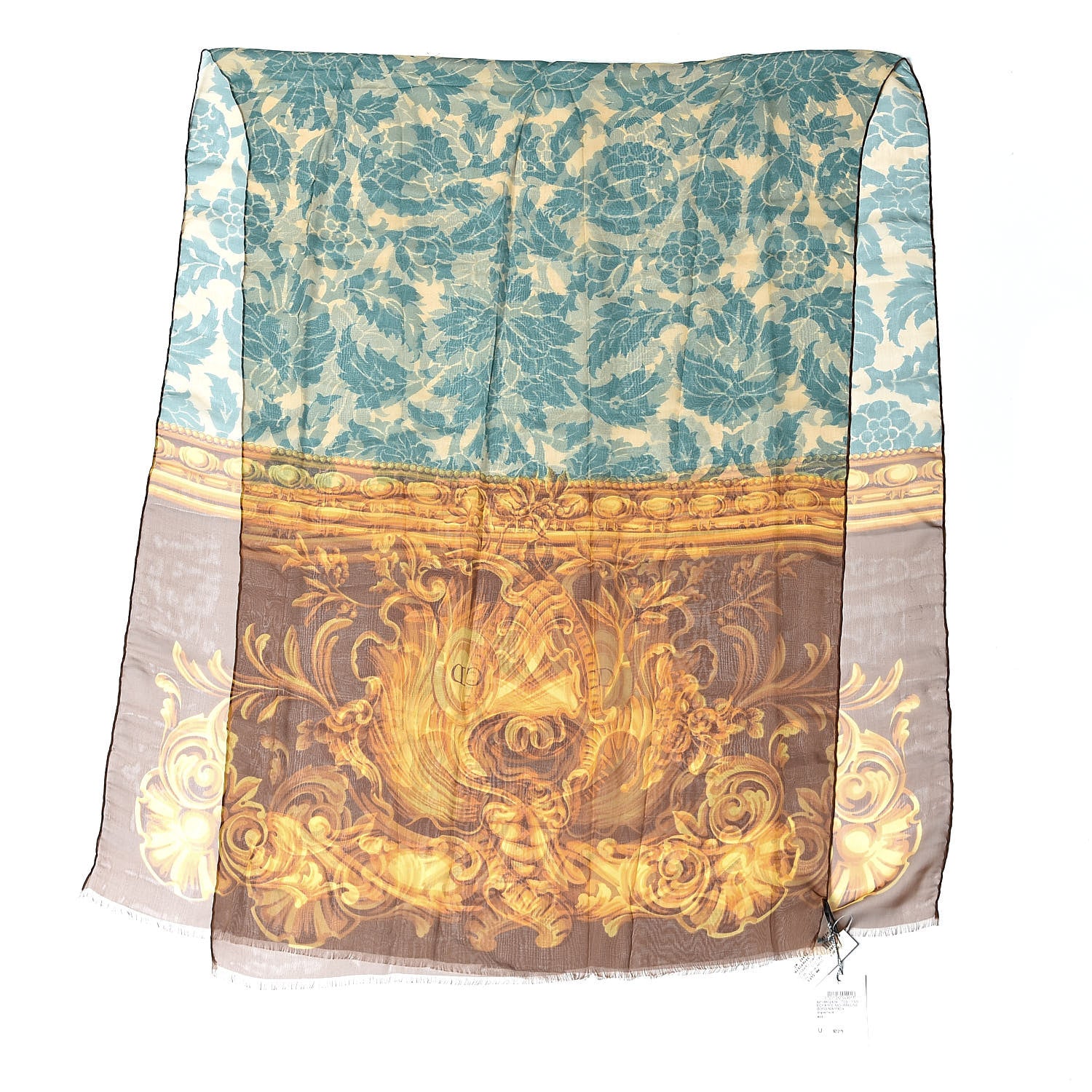 Christian Dior Silk Crepe Georgette Leaves Scarf Turquoise Orange Clair Marron 3 of 4