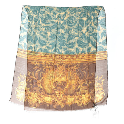 Christian Dior Silk Crepe Georgette Leaves Scarf Turquoise Orange Clair Marron 3 of 4