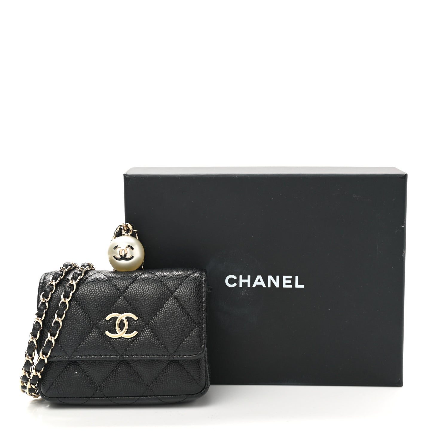 Caviar Quilted Mini Pearl On Top Coin Purse With Chain Black