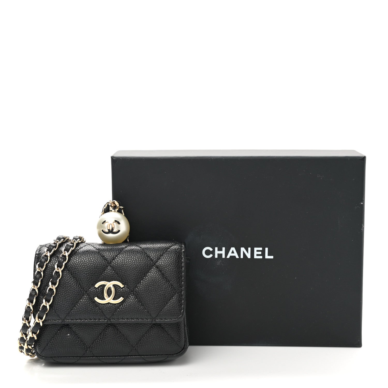 Chanel Caviar Quilted Mini Pearl On Top Coin Purse With Chain Black 14 of 14