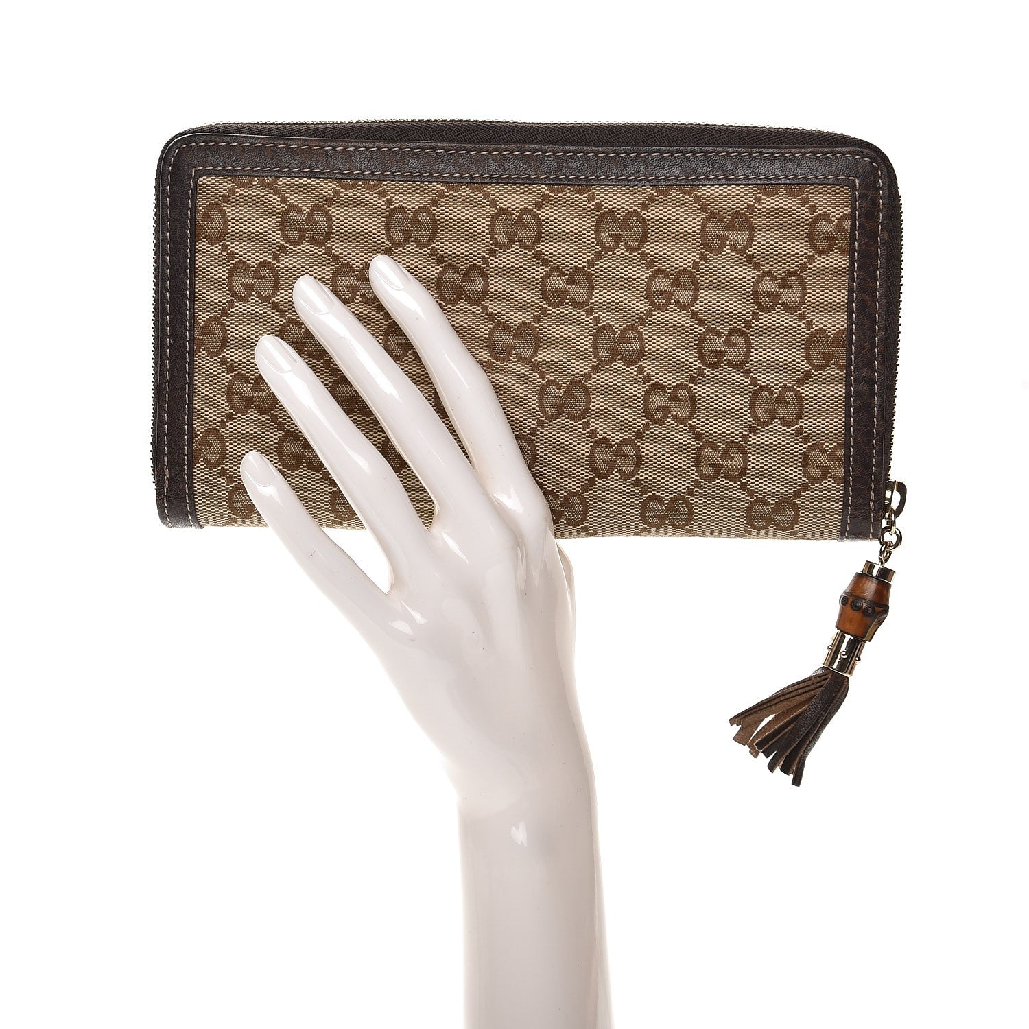 Gucci Monogram Calfskin Bamboo Tassel Zip Around Wallet Beige Ebony Chocolate 2 of 9