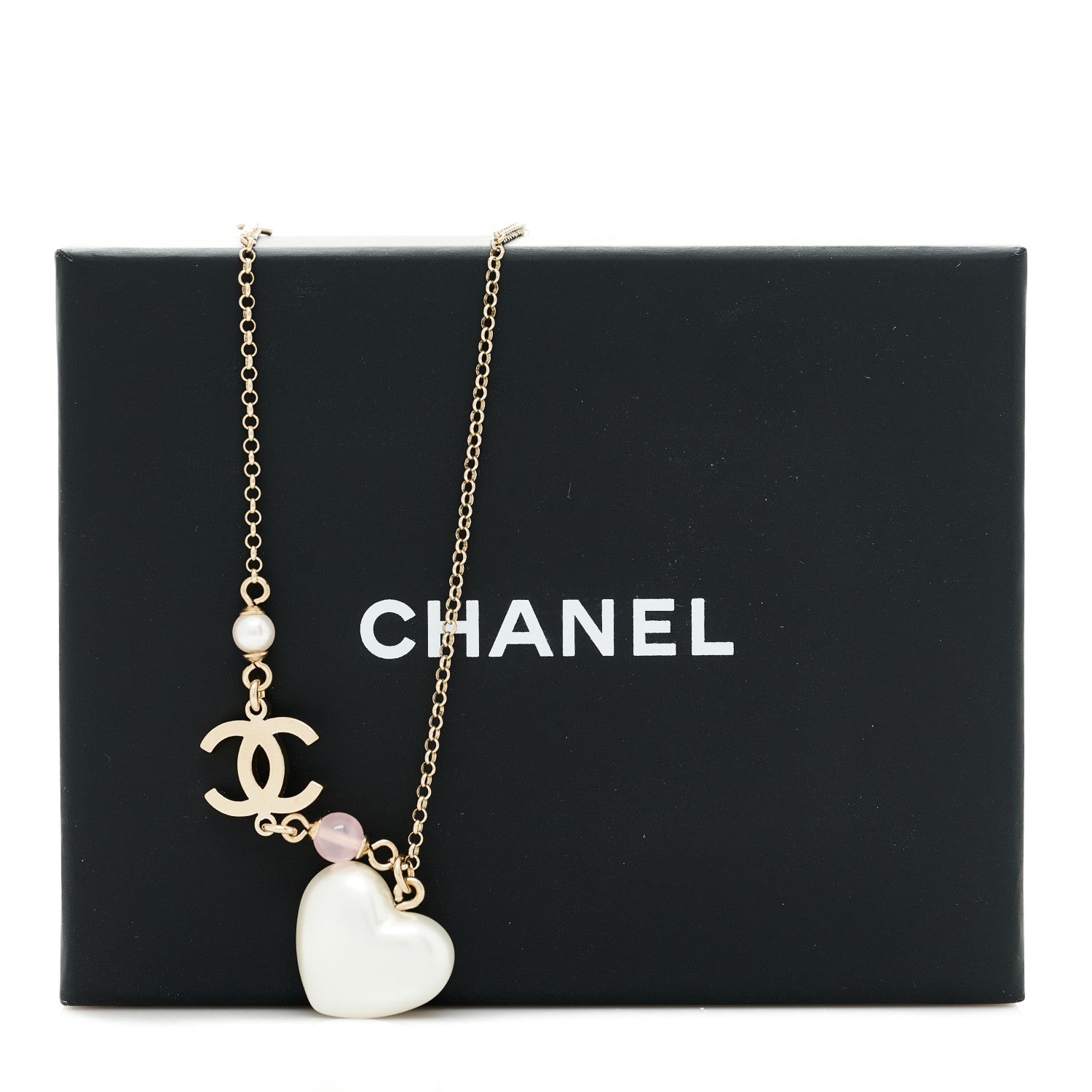 Chanel Resin Crystal CC Heart Necklace Pearly White Gold 6 of 6