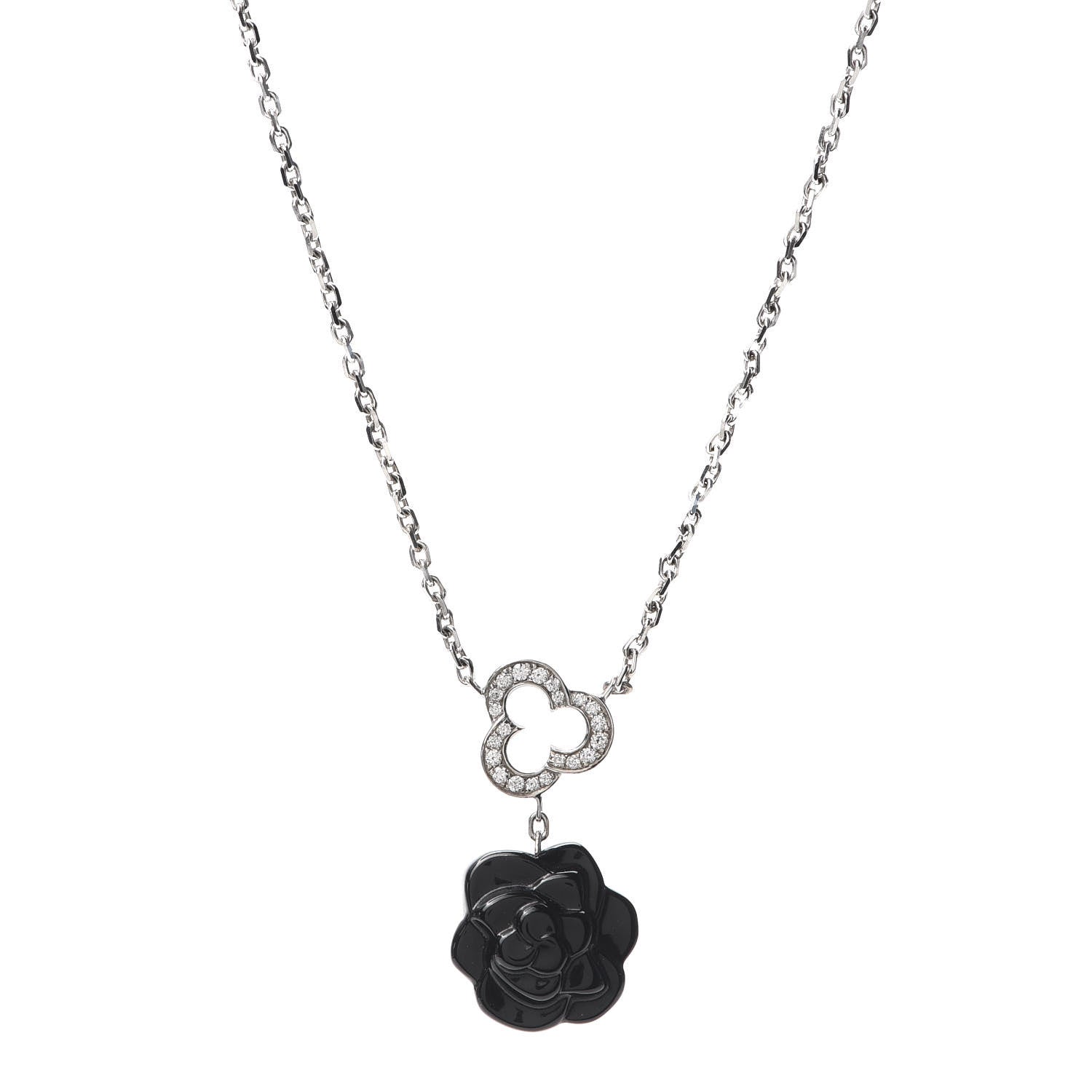 Chanel 18K White Gold Diamond Black Onyx Camelia Sculpte Drop Pendant Necklace 1 of 5