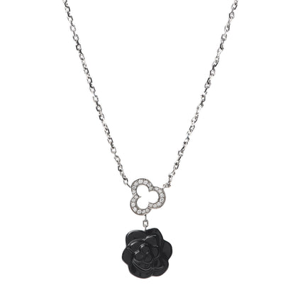 Chanel 18K White Gold Diamond Black Onyx Camelia Sculpte Drop Pendant Necklace 1 of 5