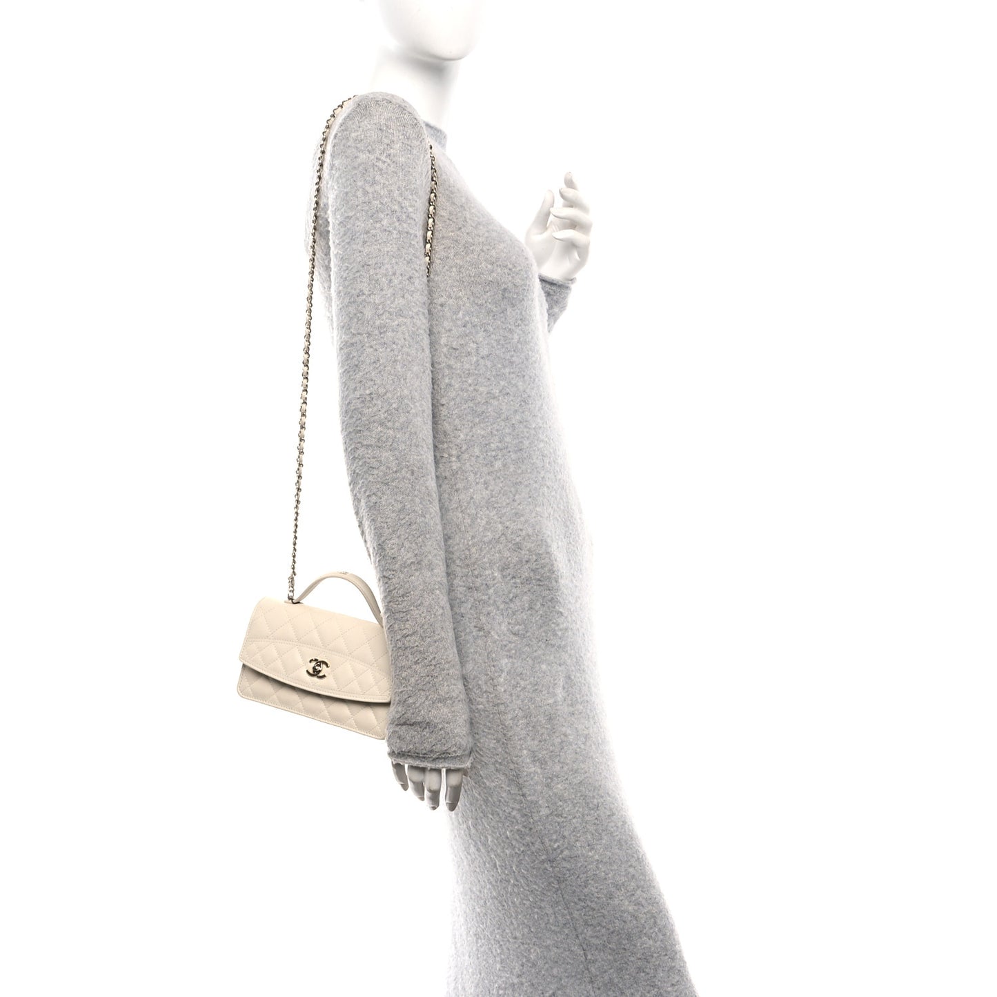 Caviar Quilted Trendy Handle Clutch With Chain Ecru
