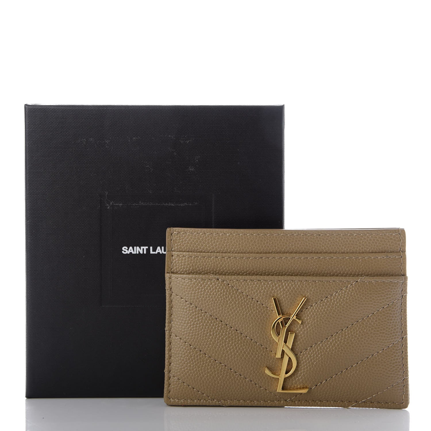 Saint Laurent Grain De Poudre Matelasse Chevron Monogram Credit Card Case Dark Latte 8 of 8