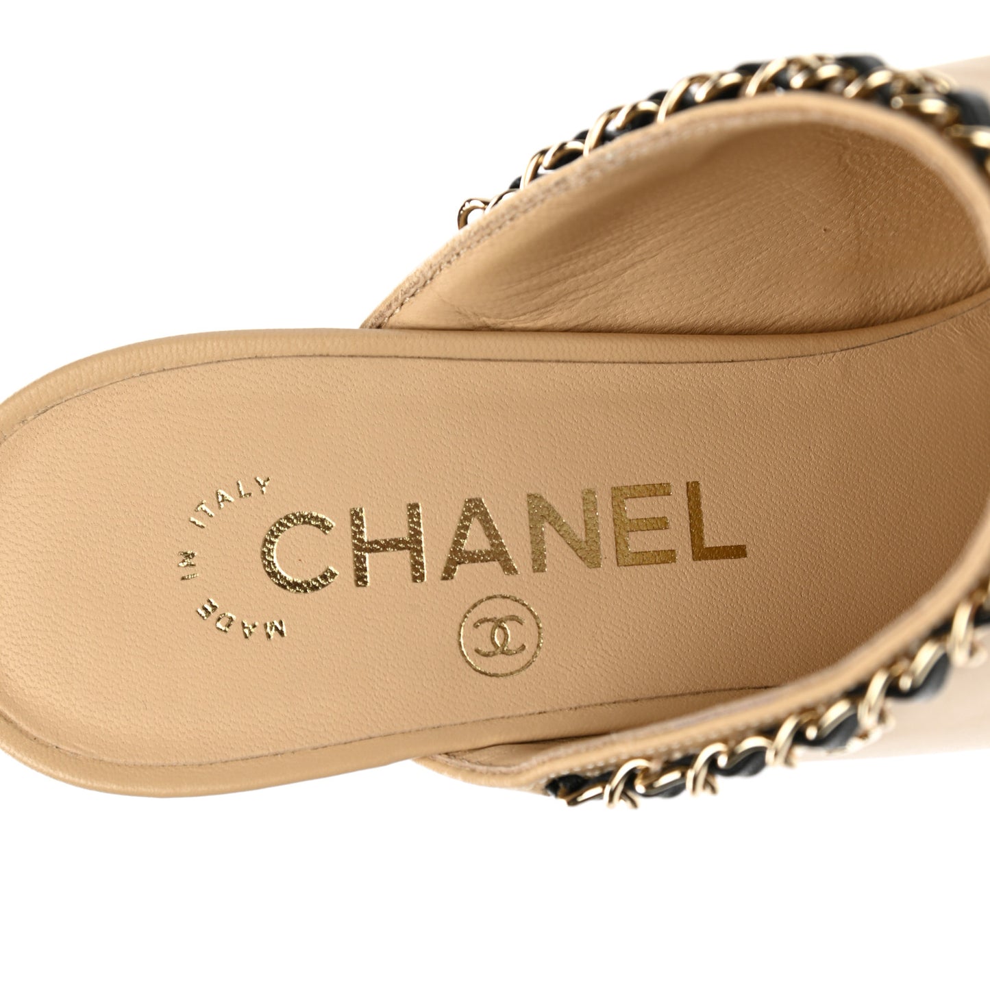 Lambskin Grosgrain Cap Toe Chain Mule 38.5 Beige Black