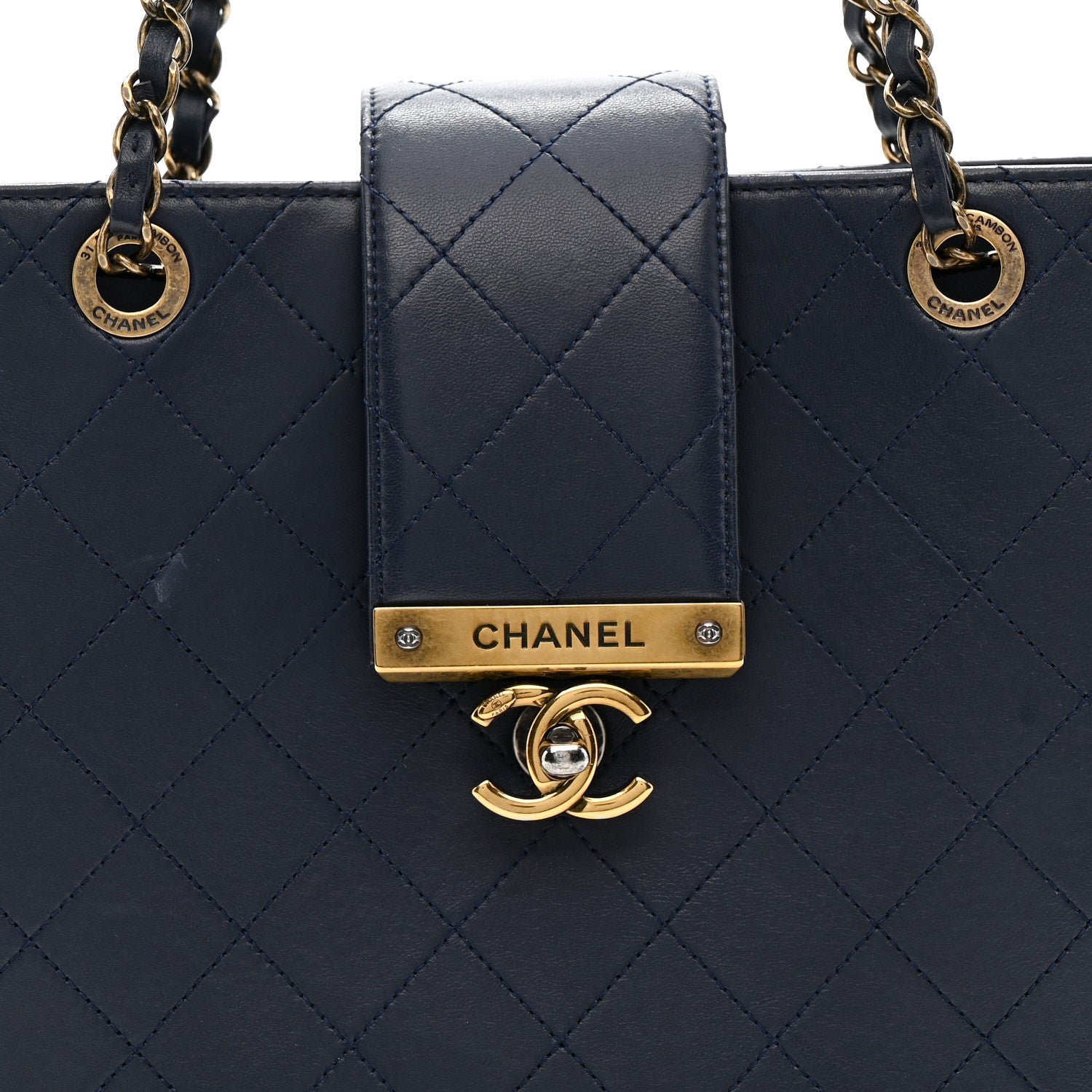 Chanel Lambskin Stitched Medium Around The Corner Shopping Tote Deep Marine 8 of 10