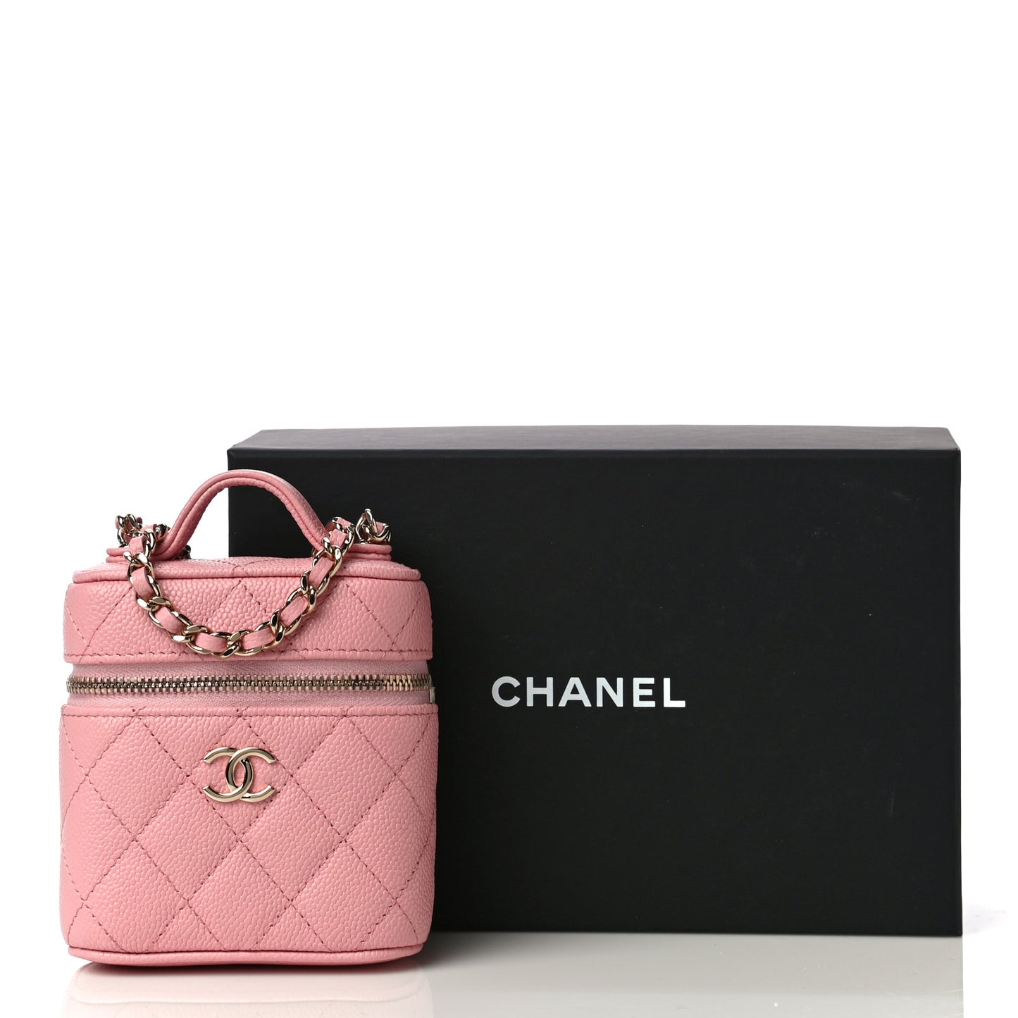 Caviar Quilted Small Handle With Care Vanity Case With Chain Pink