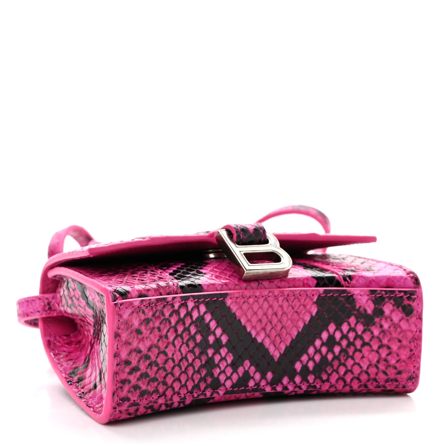 Shiny Calfskin Python Effect Hourglass Top Handle Bag Mini Fuchsia Black