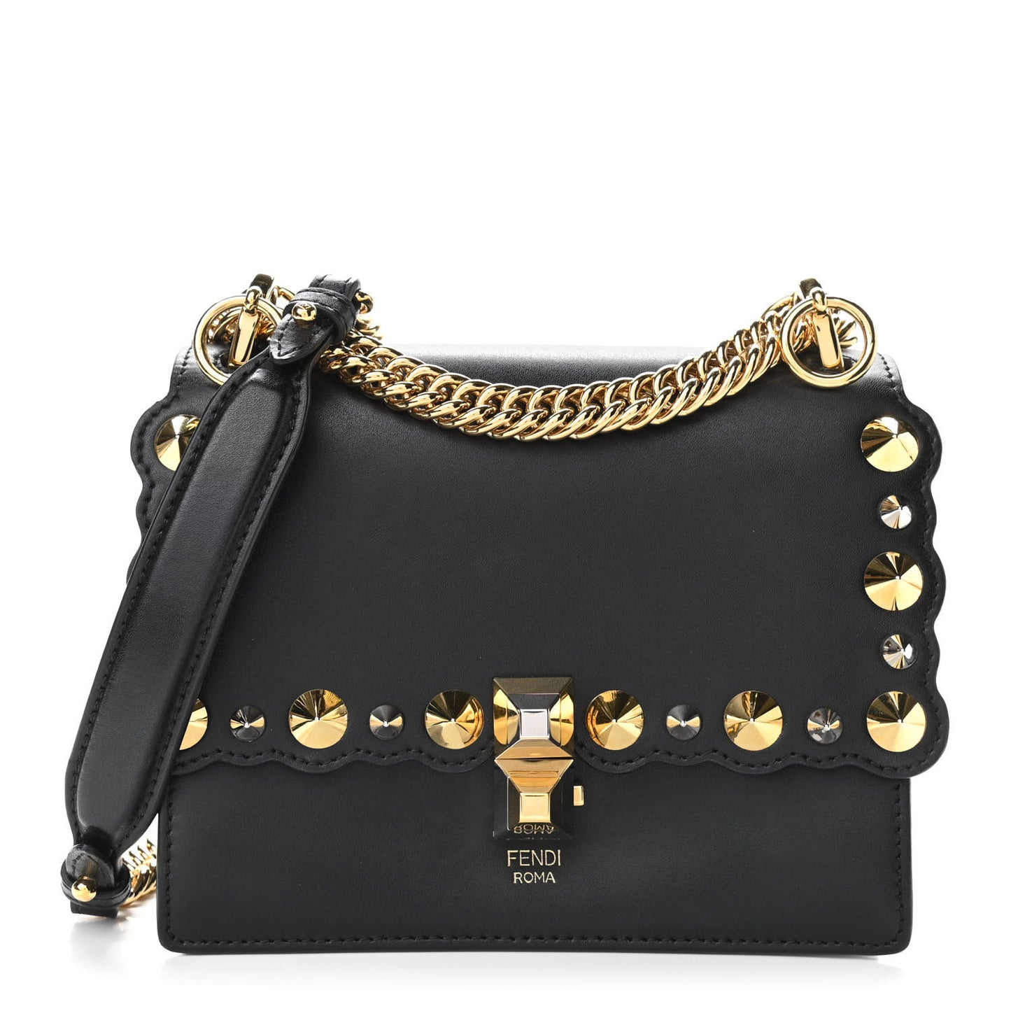 Vitello Liberty Metal Scalloped Multi Studded Small Kan I Shoulder Bag Black