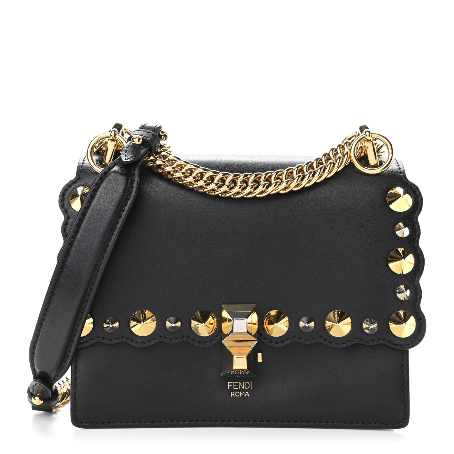 Fendi Vitello Liberty Metal Scalloped Multi Studded Small Kan I Shoulder Bag Black 1 of 10