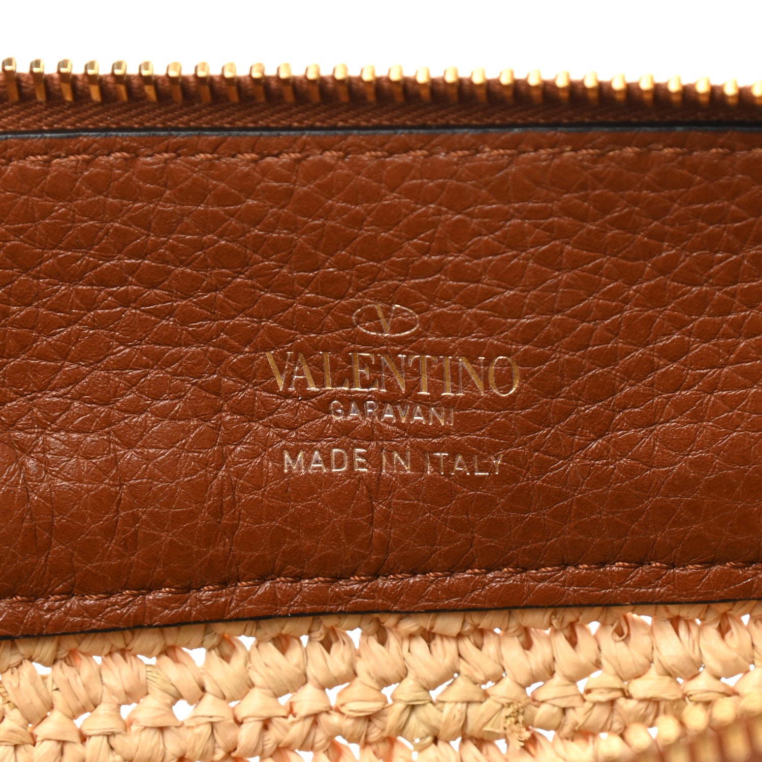Valentino Garavani Raffia Calfskin Large Rockstud Zip Pouch Naturale Saddle Brown 6 of 6