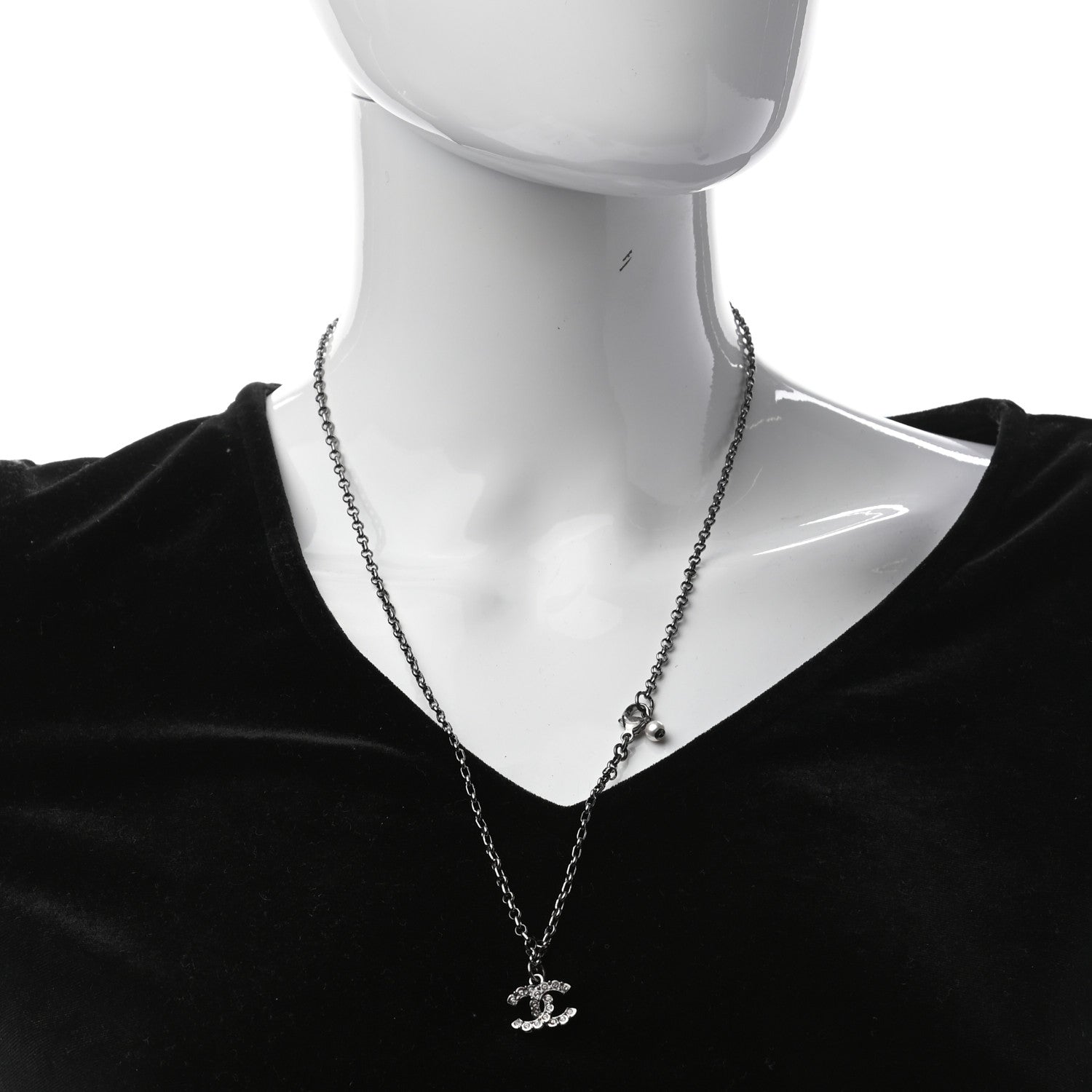 Chanel Crystal CC Pendant Necklace Silver 2 of 5