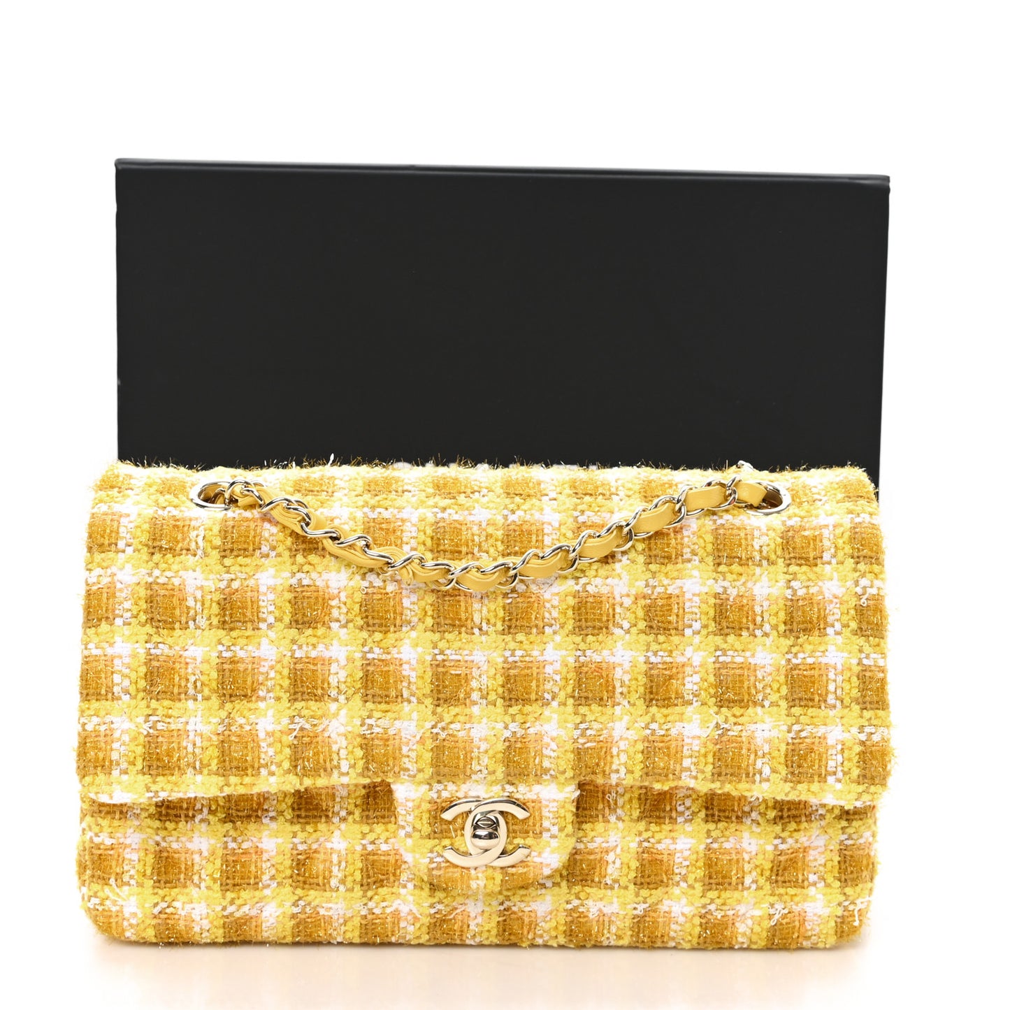 Tweed Quilted Medium Double Flap Yellow White Ochre