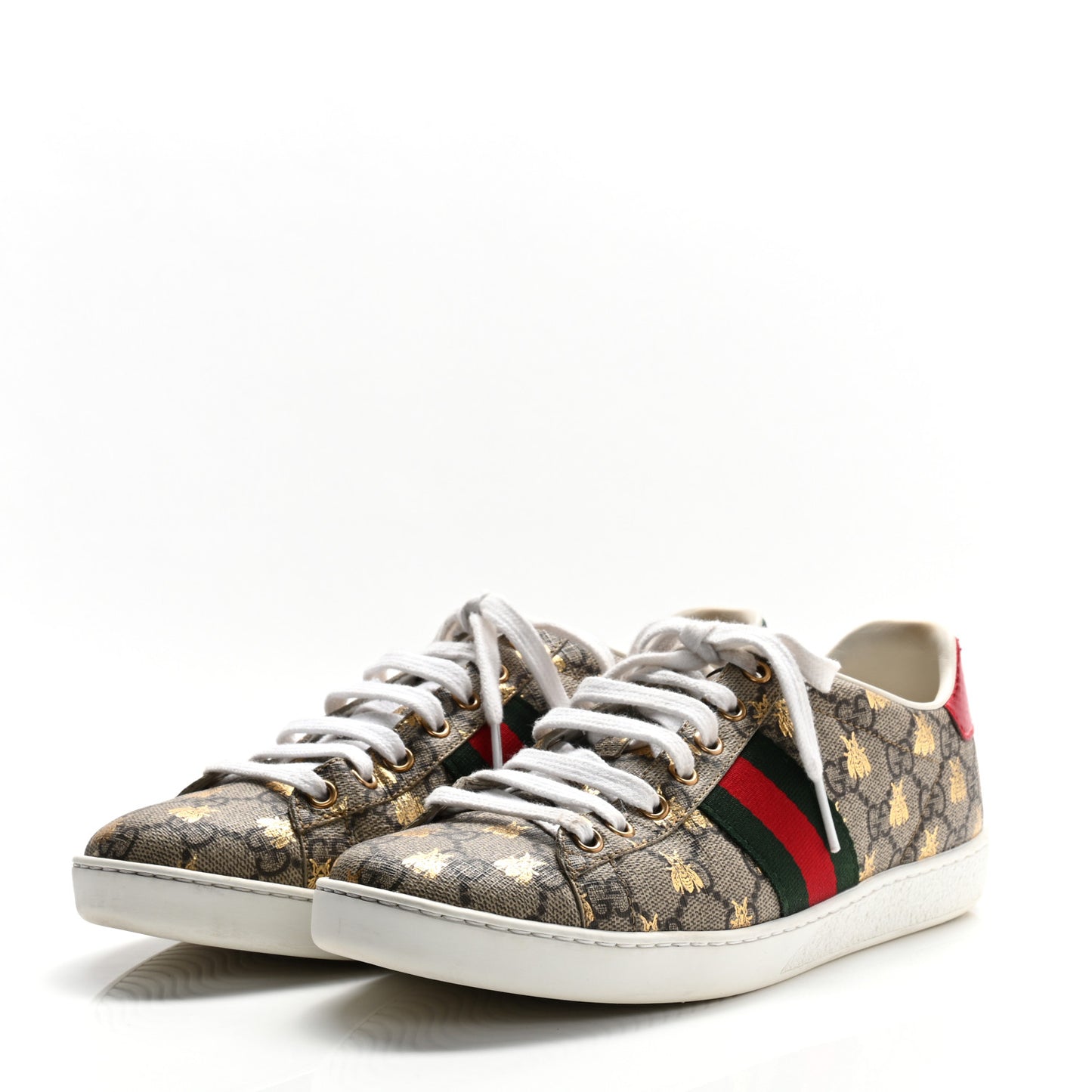 GG Supreme Monogram Bees Ayers Web Womens Ace Sneakers 37.5 Beige Oro Green Red