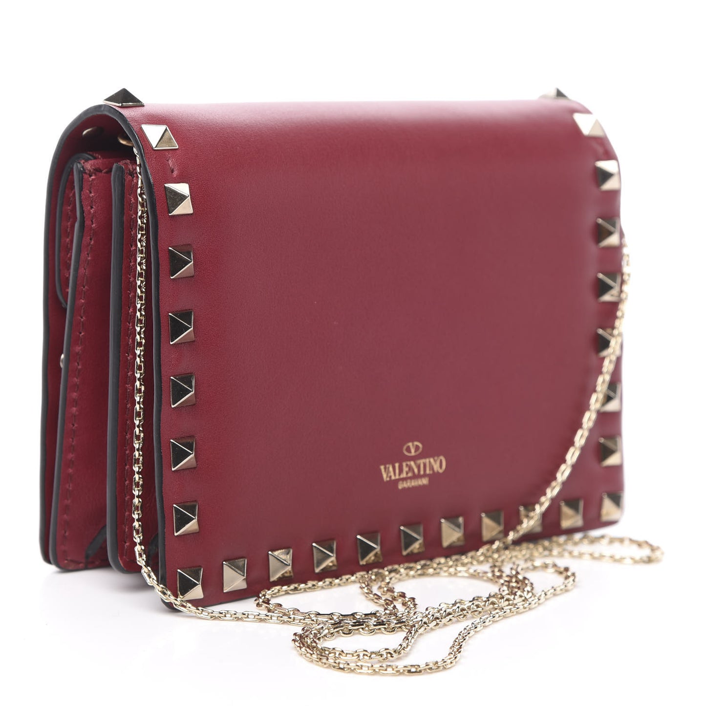 Calfskin Rockstud Wallet on Chain Red