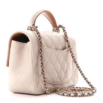 Chanel Lambskin Quilted Bi-Color Mini Top Handle Rectangular Flap Ecru Dark Beige 3 of 13