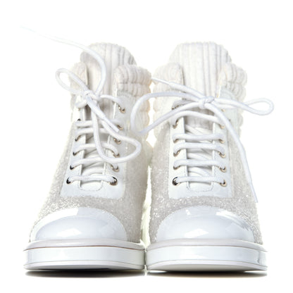 Chanel Tweed Patent Calfskin Velvet Lace Up Boots 37 White 2 of 10