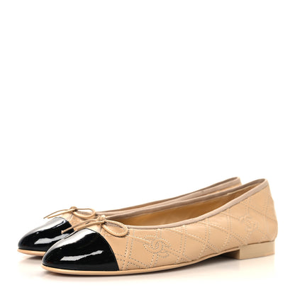 Chanel Lambskin Patent Double Stitched CC Cap Toe Ballerina Flats 39.5 Beige Black 4 of 10