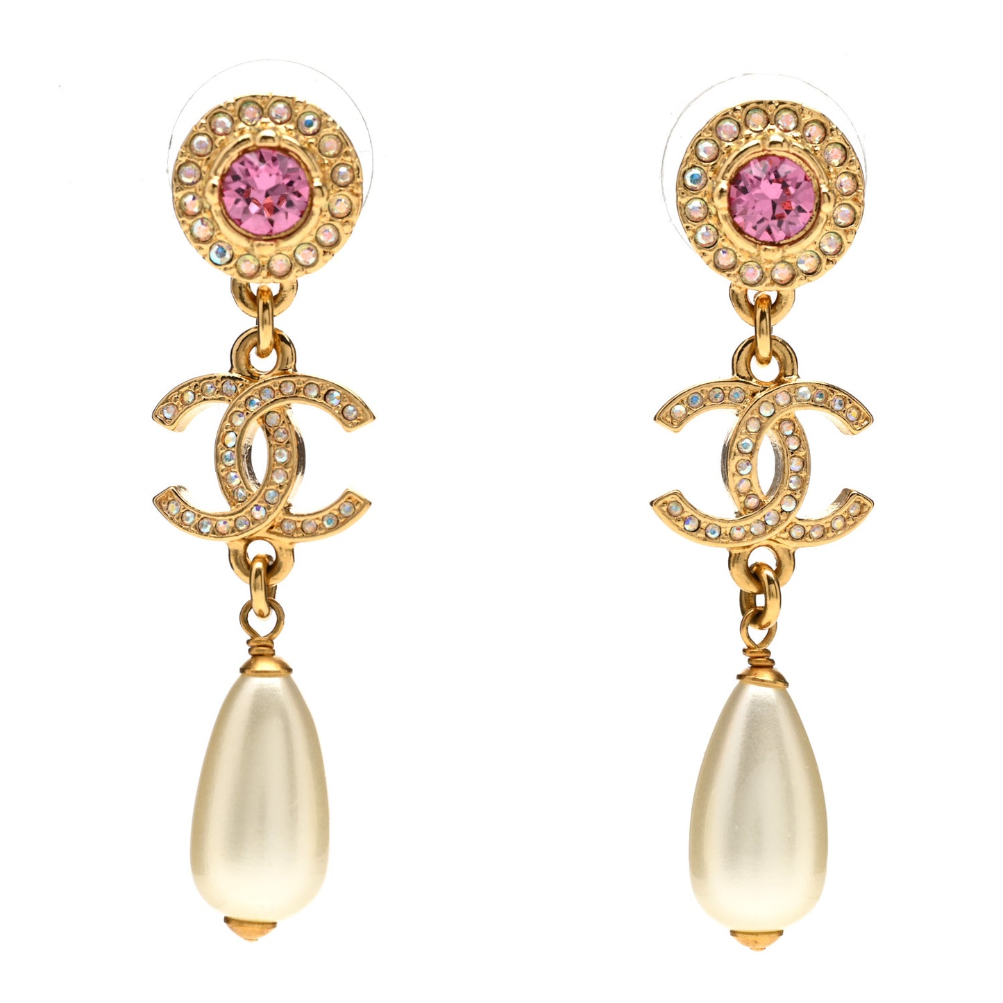 Metal Crystal Pearl CC Drop Earrings Gold Pink White