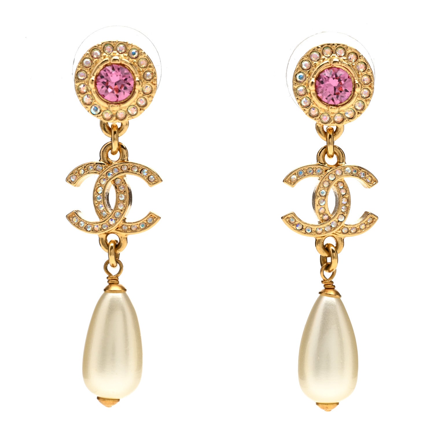 Chanel Metal Crystal Pearl CC Drop Earrings Gold Pink White 1 of 6