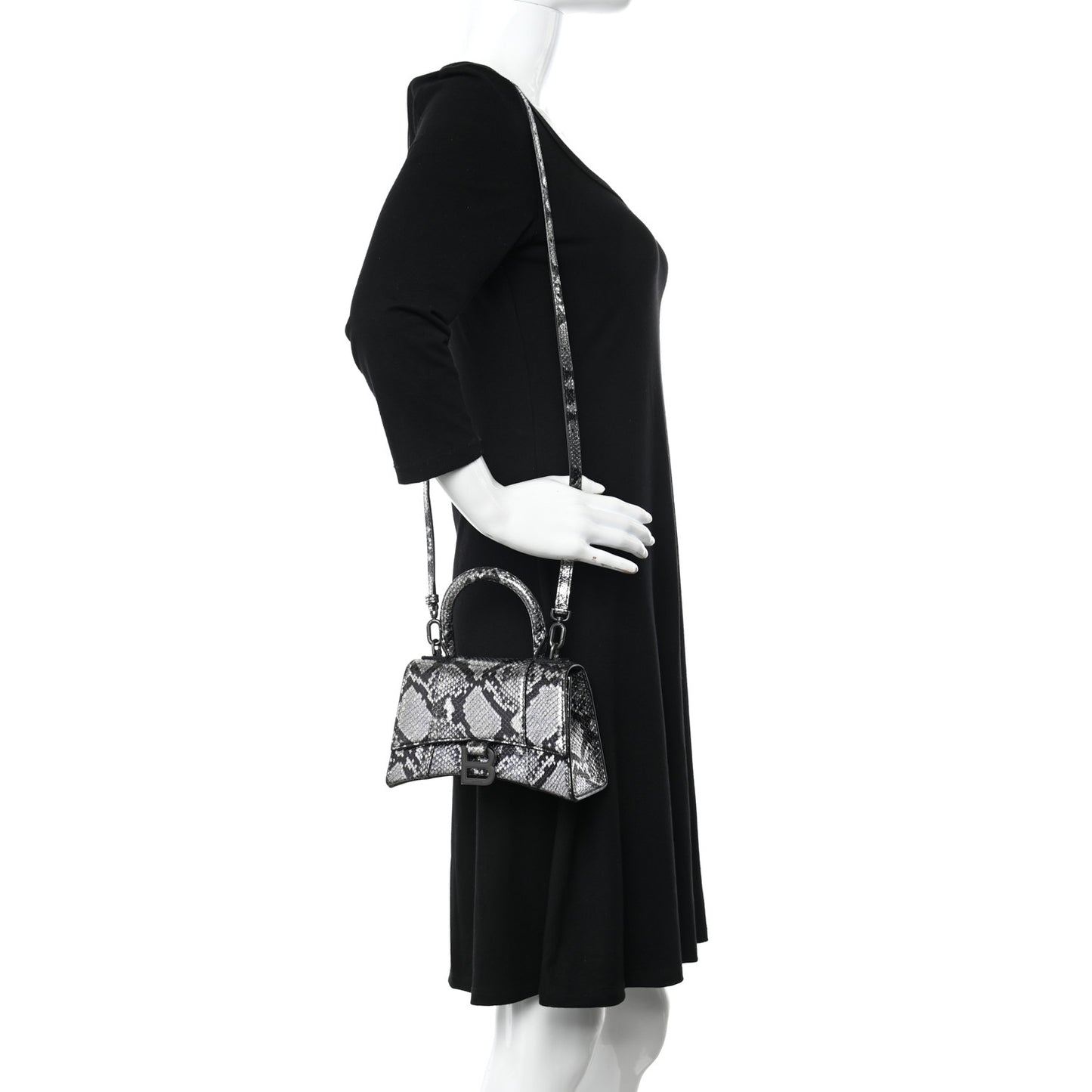 Shiny Calfskin Snakeskin Embossed Hourglass Top Handle Bag XS Silver Black