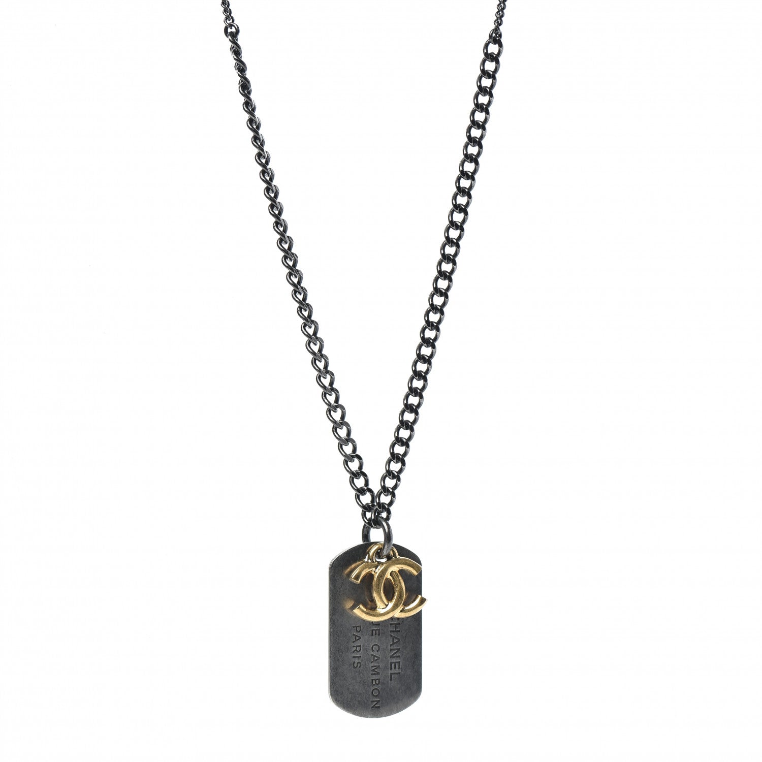 Chanel Ruthenium ID Dog Tag Charm Necklace Silver Gold 1 of 5