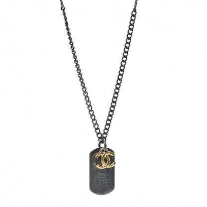 Chanel Ruthenium ID Dog Tag Charm Necklace Silver Gold 1 of 5