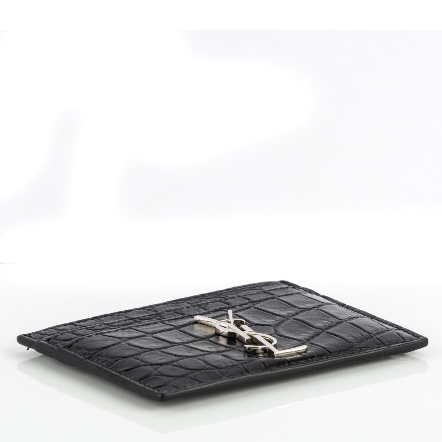 Saint Laurent Calfskin Crocodile Embossed Monogram Credit Card Case Black 4 of 7