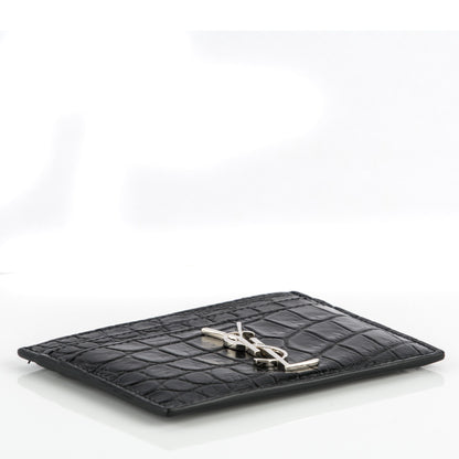 Saint Laurent Calfskin Crocodile Embossed Monogram Credit Card Case Black 4 of 7
