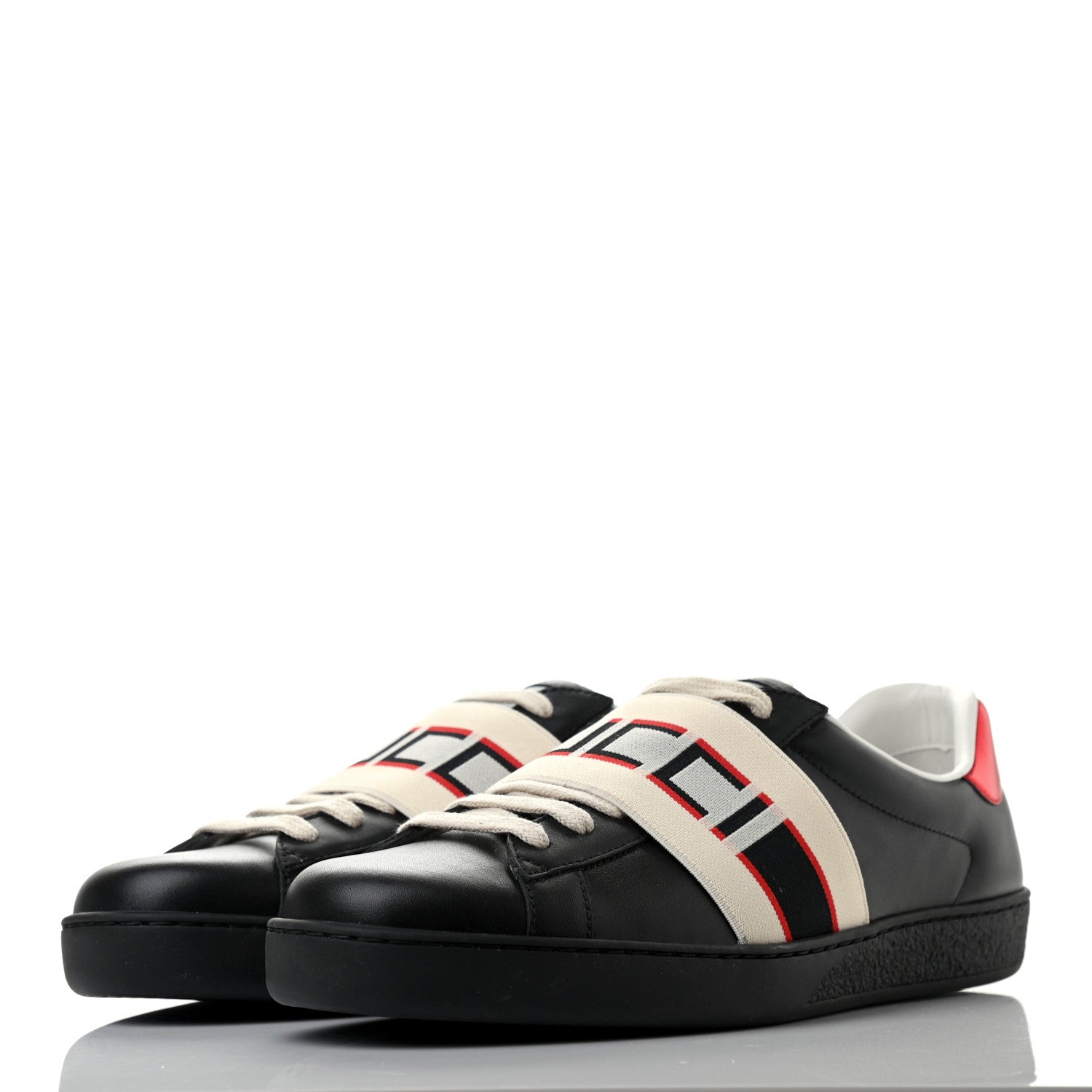 Gucci Calfskin Stripe Mens New Ace Sneakers 7 Black Ecru Red Flame 3 of 8