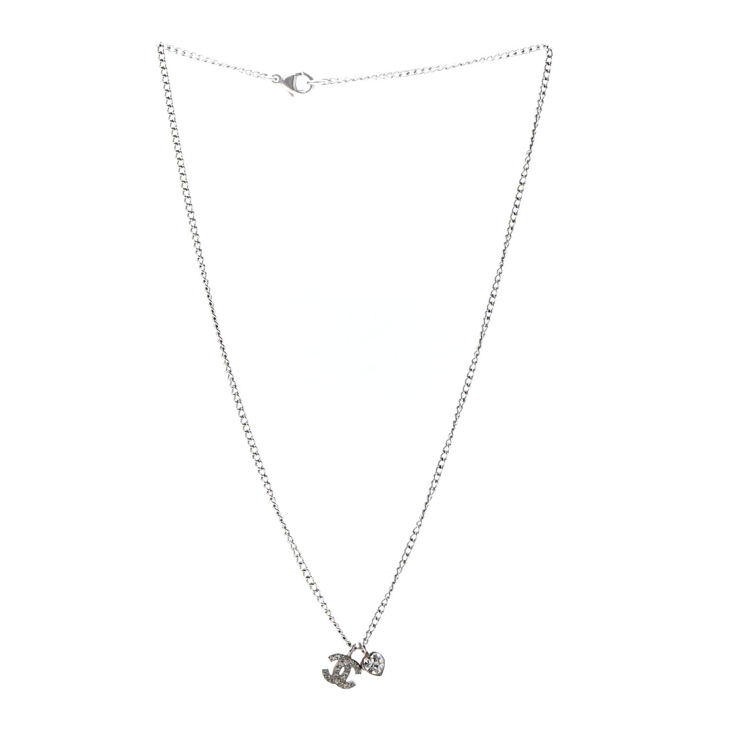 Chanel Crystal Mini Heart CC Necklace Silver 3 of 6