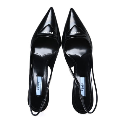 Prada Spazzolato Triangle Logo Pointed Toe 75mm Slingback Pumps 37.5 Black 2 of 10