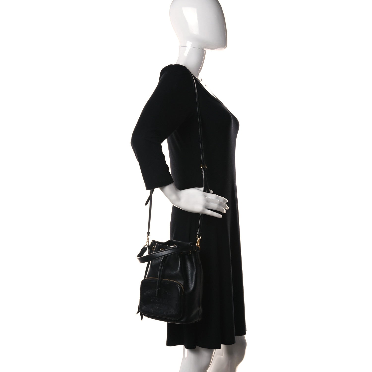 Prada Glace Calfskin Embossed Secchiello Bucket Bag Black 2 of 10