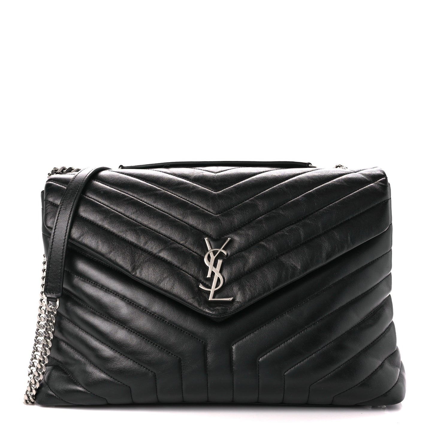 Calfskin Y Quilted Monogram Large Loulou Chain Satchel Black