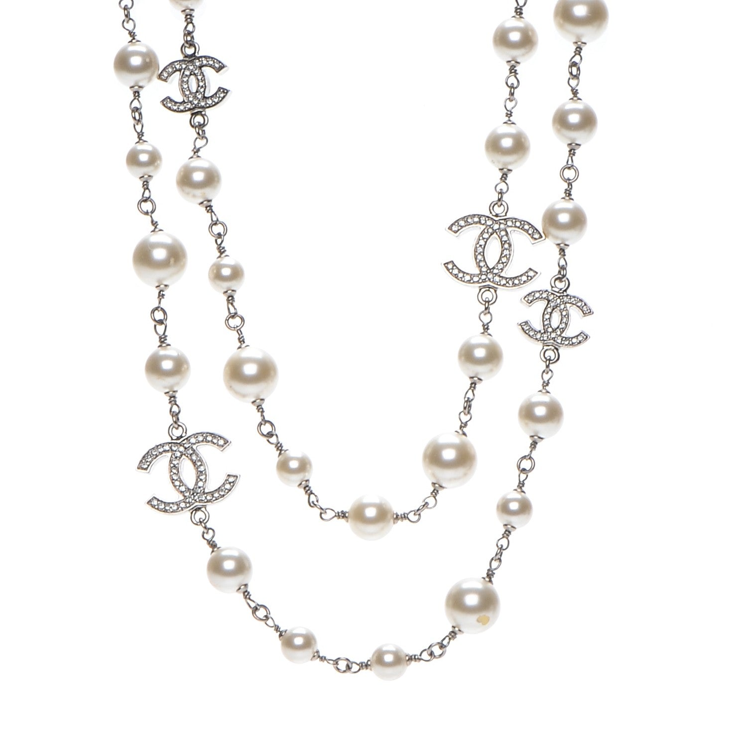 Chanel Crystal Pearl CC Long Necklace Silver 1 of 6