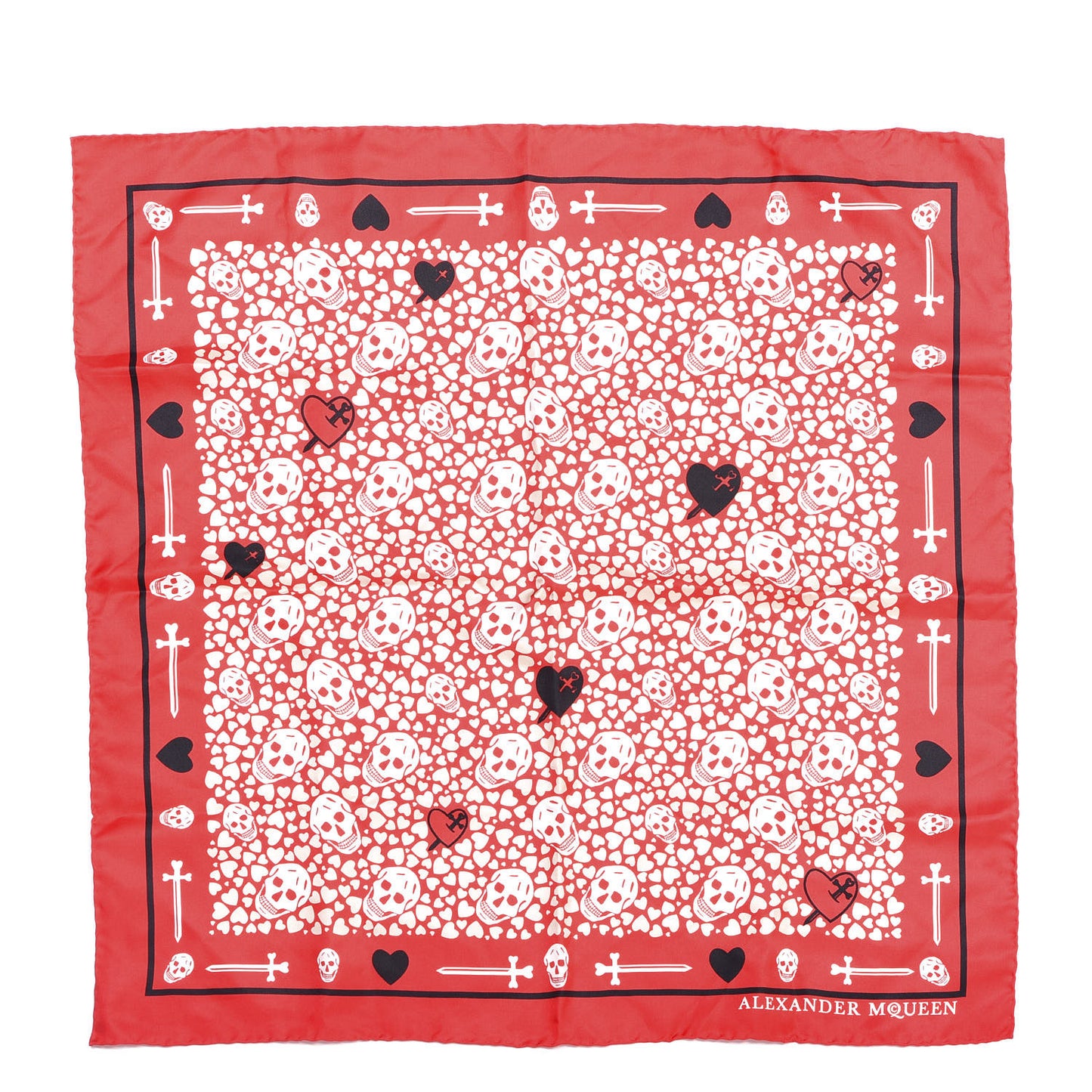Silk Heart Skull Print Scarf Red