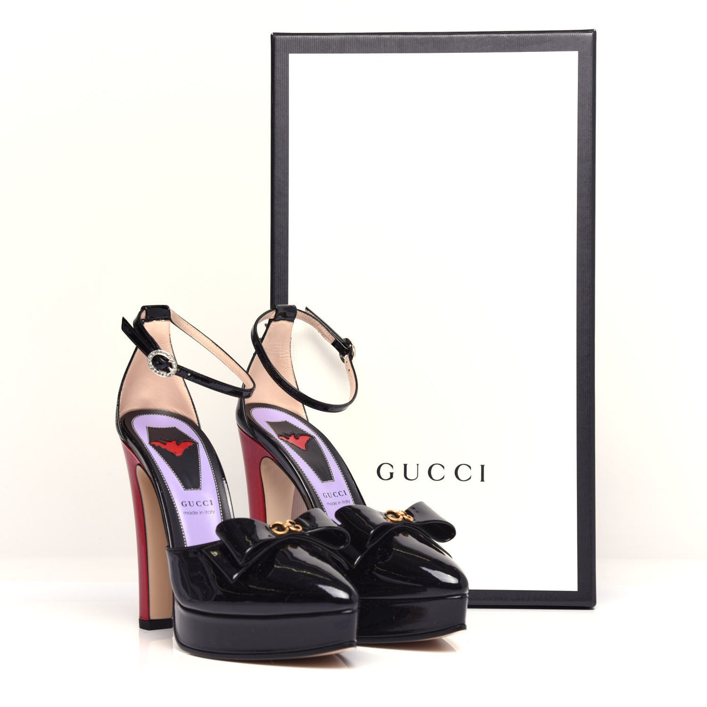 Patent Crystal GG Bow Sadie Spike Ankle Strap d'Orsay Platform High Heel Pumps 37 Black
