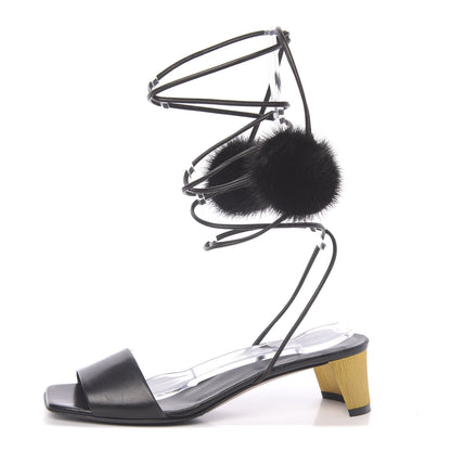 Gucci Calfskin Heloise Lace Up Pom Sandals 37 Black 1 of 8