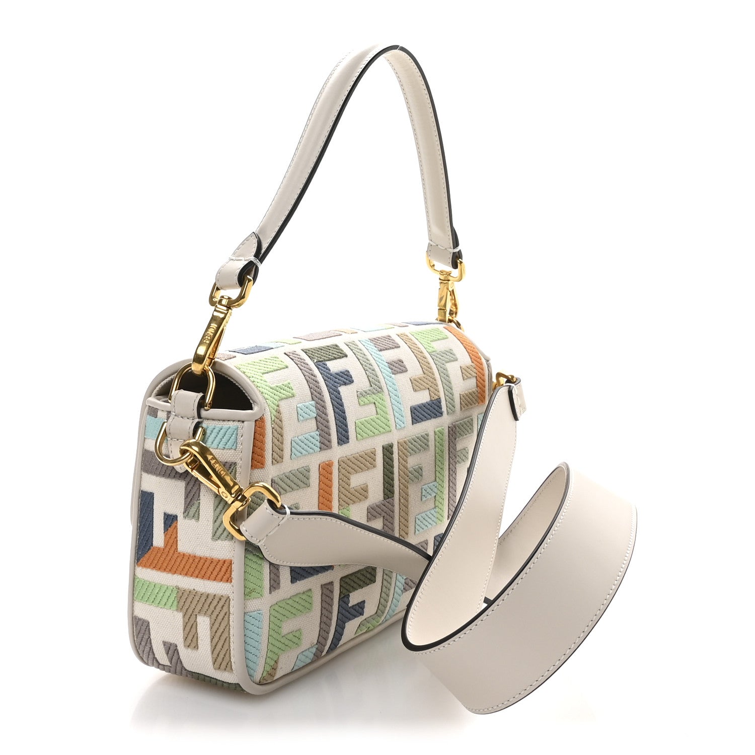 Fendi Canvas Vitello Seta FF Multicolor Embroidered Baguette
