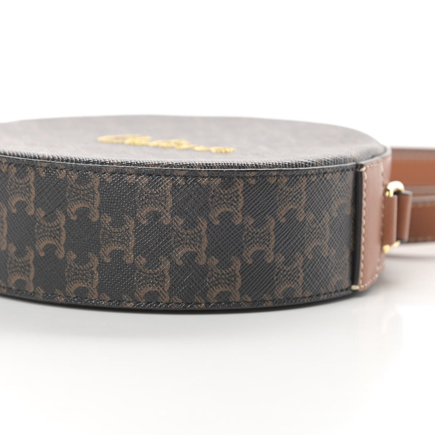 Triomphe Canvas Embroidered Logo Round Purse On Strap Black Tan